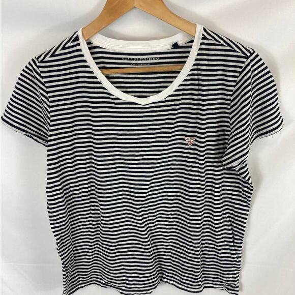 Guess Smart Guess Boxy Fit Short Sleeve Modal Blend Tshirt Black white Stripe XL - Picture 1 of 3
